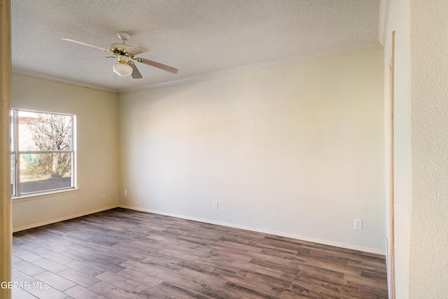 spare room with hardwood / wood-style flooring, a textured ceiling, crown molding, and ceiling fan