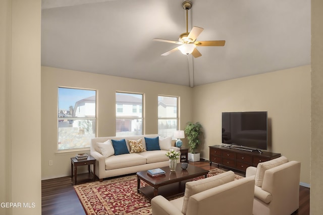 living room with dark wood-type flooring, lofted ceiling, and ceiling fan