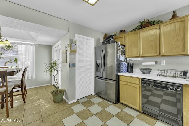 kitchen with stainless steel fridge with ice dispenser, black dishwasher, and light brown cabinetry