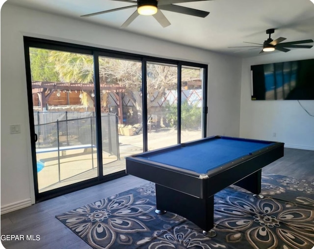 rec room featuring ceiling fan, wood-type flooring, and pool table