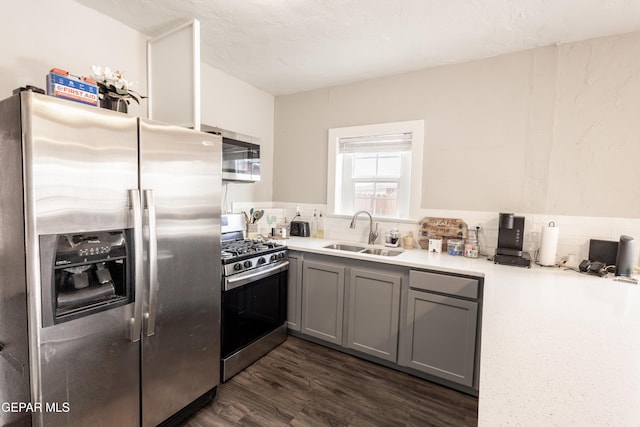 kitchen featuring appliances with stainless steel finishes, dark wood-type flooring, sink, backsplash, and gray cabinetry