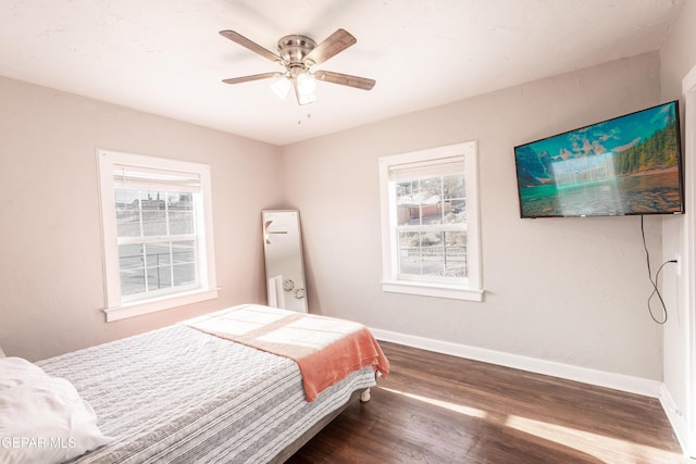 bedroom with multiple windows, dark wood-type flooring, and ceiling fan