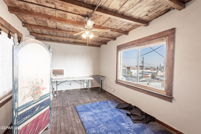 interior space with wooden ceiling, ceiling fan, and dark hardwood / wood-style flooring