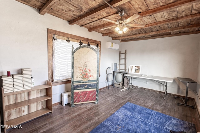 miscellaneous room featuring beamed ceiling, dark hardwood / wood-style floors, a wall mounted AC, ceiling fan, and wooden ceiling