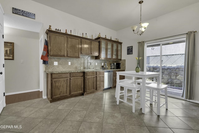 kitchen with sink, decorative light fixtures, dishwasher, a notable chandelier, and backsplash