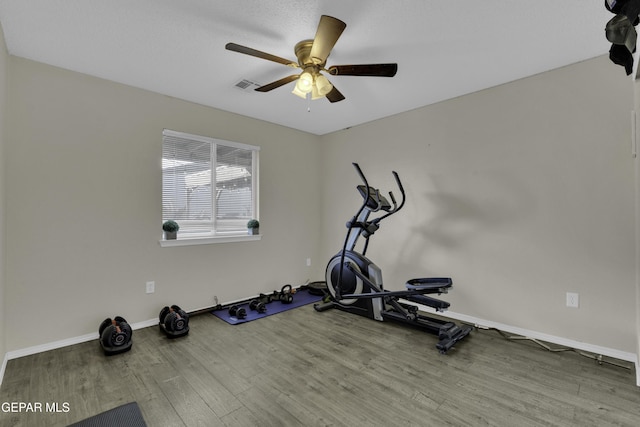 exercise room with wood-type flooring and ceiling fan