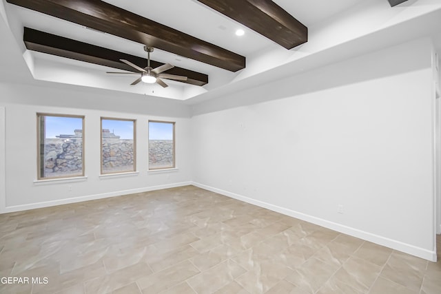 spare room with ceiling fan and beamed ceiling