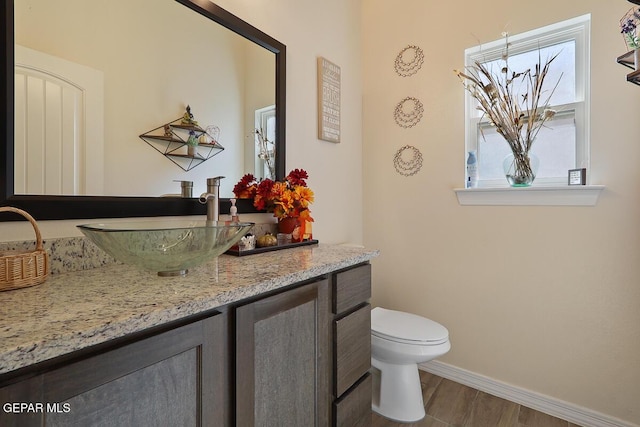 bathroom with toilet, vanity, and wood-type flooring