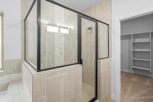 bathroom with a shower with shower door