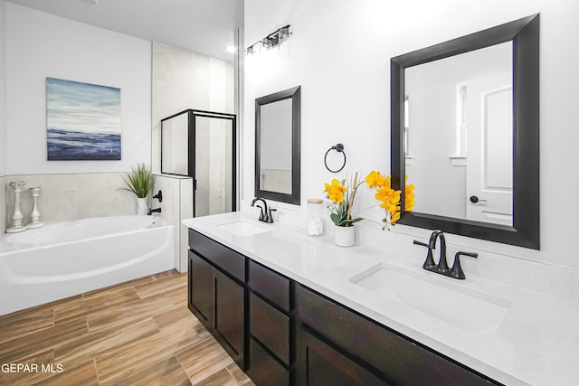 bathroom with hardwood / wood-style flooring, plus walk in shower, and vanity