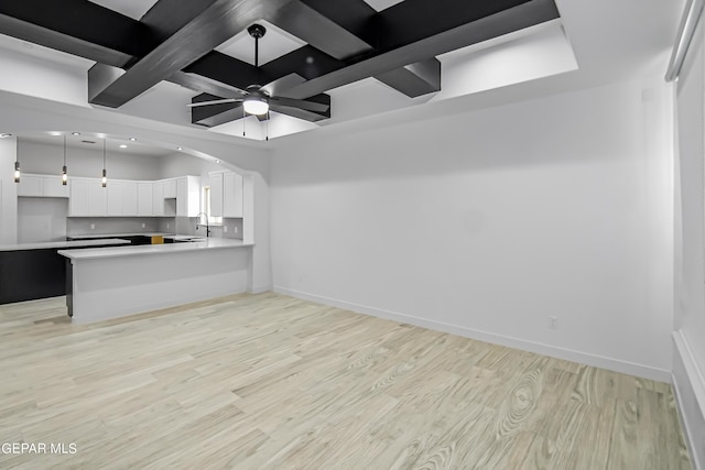 kitchen with sink, white cabinets, ceiling fan, kitchen peninsula, and light wood-type flooring