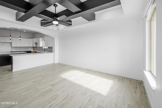 unfurnished living room with sink, light hardwood / wood-style flooring, and ceiling fan