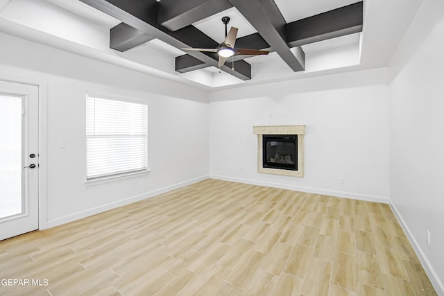 unfurnished living room with beamed ceiling, coffered ceiling, ceiling fan, and light hardwood / wood-style flooring