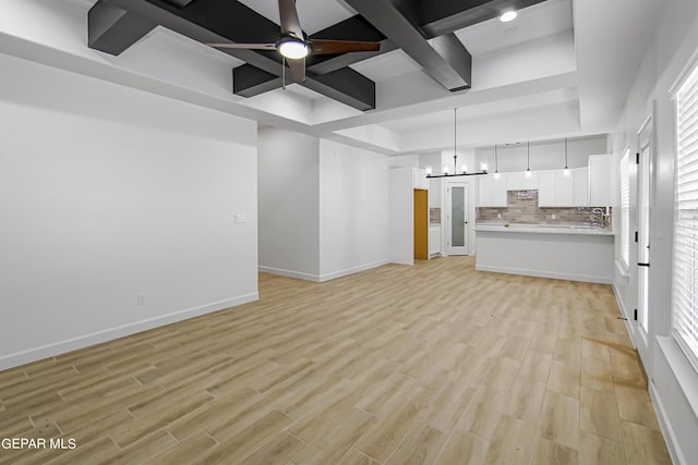 unfurnished living room featuring a tray ceiling, ceiling fan with notable chandelier, light hardwood / wood-style flooring, and beam ceiling