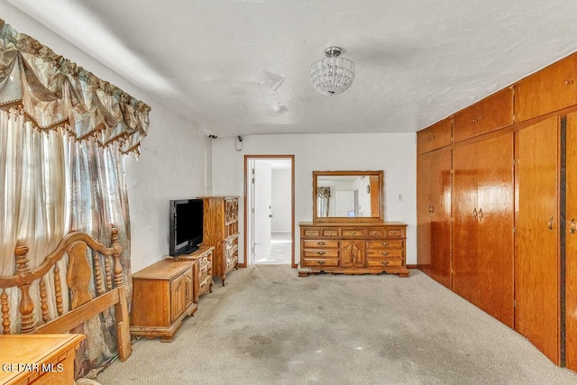 living room with wood walls and light colored carpet