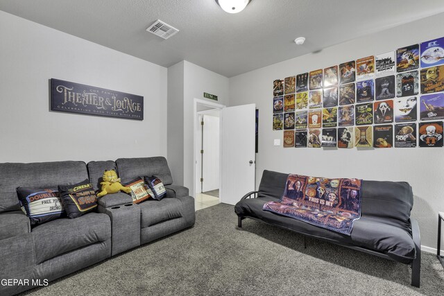 living room featuring a textured ceiling and carpet floors