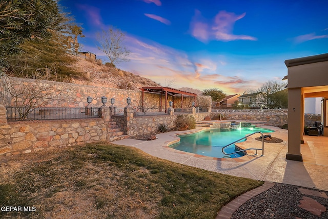 pool at dusk featuring a patio area, a lawn, and a pergola