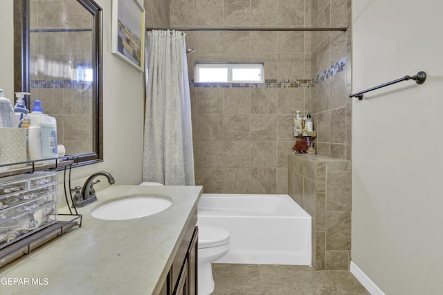 full bathroom with vanity, toilet, shower / bath combination with curtain, and tile patterned floors