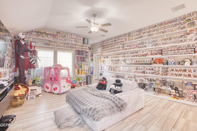 bedroom with vaulted ceiling and ceiling fan