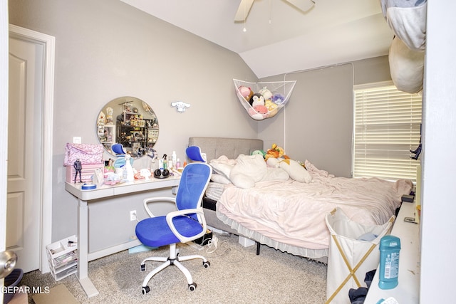 bedroom featuring carpet floors, ceiling fan, and vaulted ceiling