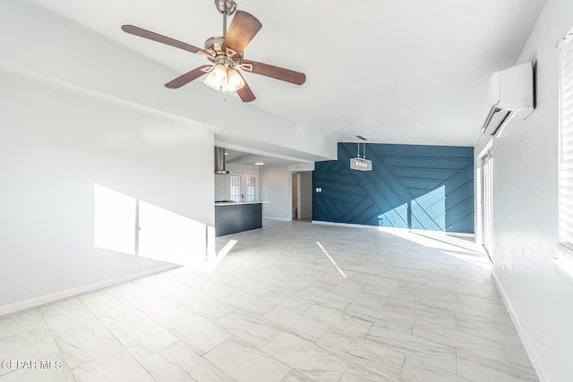 unfurnished living room with ceiling fan, a wall mounted AC, wooden walls, and lofted ceiling