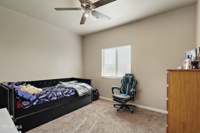 carpeted bedroom with ceiling fan