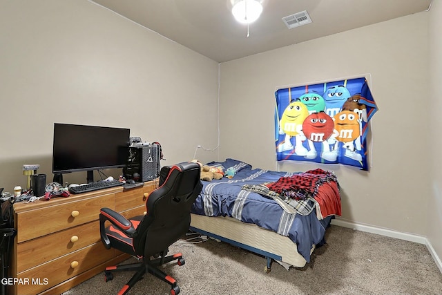 bedroom with dark carpet