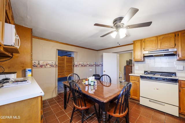 kitchen with tasteful backsplash, crown molding, ceiling fan, and white appliances