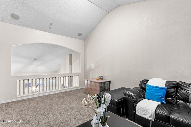 interior space with a textured ceiling, carpet floors, and lofted ceiling