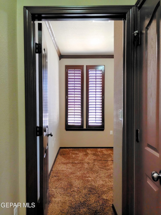 corridor with baseboards, crown molding, and carpet floors