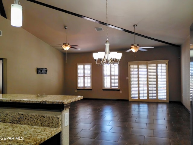 kitchen with open floor plan, visible vents, ceiling fan with notable chandelier, and lofted ceiling