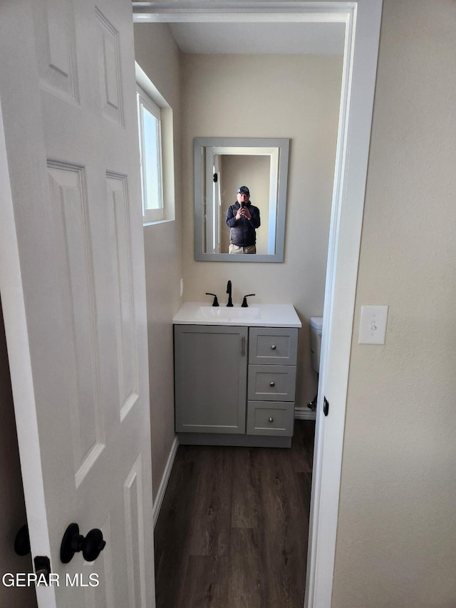 bathroom featuring vanity, wood-type flooring, and toilet