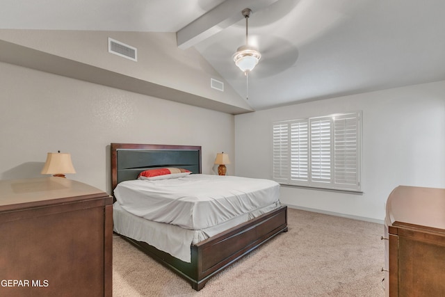 bedroom with ceiling fan, light colored carpet, and lofted ceiling with beams