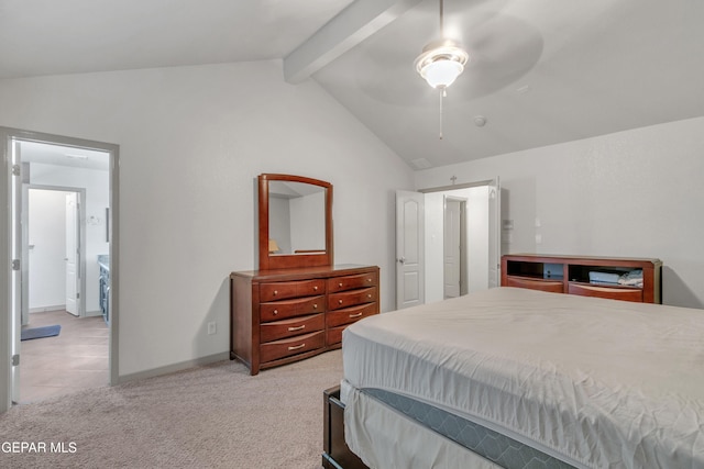 bedroom with light carpet, vaulted ceiling with beams, and ceiling fan