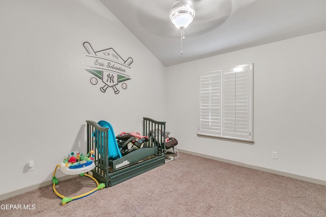 recreation room with ceiling fan and carpet flooring