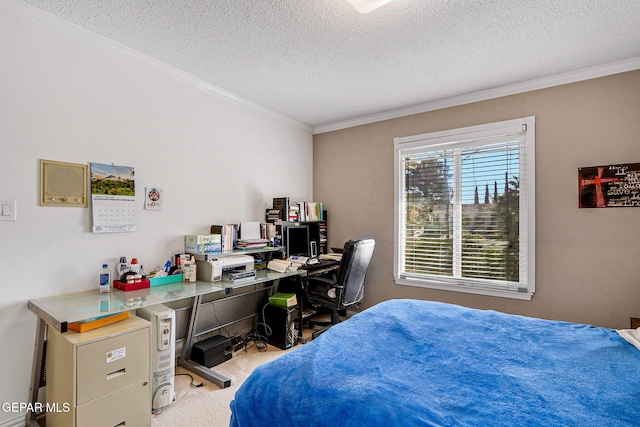 carpeted bedroom with crown molding and a textured ceiling