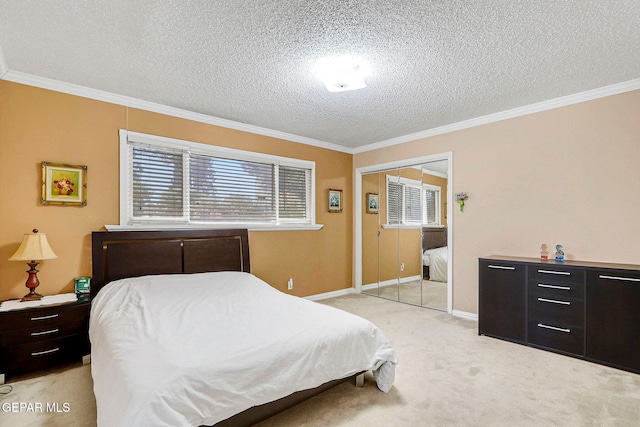 bedroom with ornamental molding, light carpet, a closet, and a textured ceiling