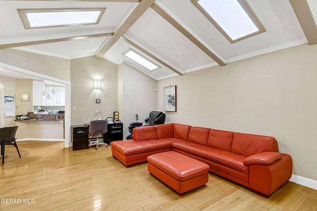 living room featuring crown molding, lofted ceiling with skylight, and light hardwood / wood-style floors