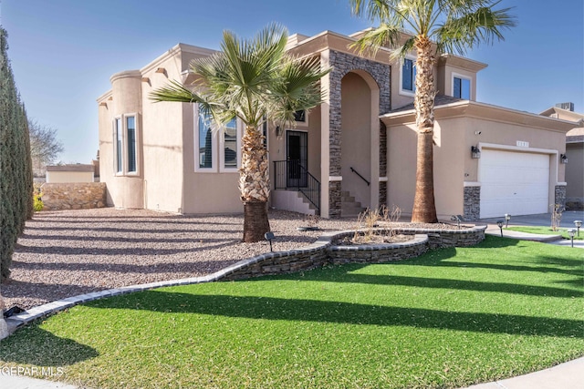 mediterranean / spanish-style house with a garage and a front lawn