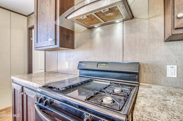 kitchen with custom exhaust hood, light stone countertops, and range