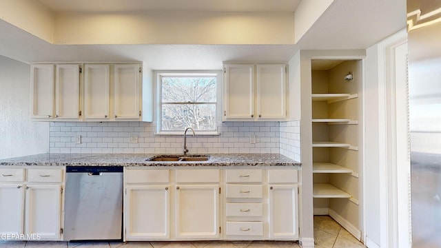 kitchen with light stone counters, stainless steel dishwasher, sink, and decorative backsplash