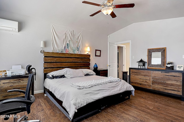 bedroom featuring vaulted ceiling, dark hardwood / wood-style flooring, ceiling fan, and a wall unit AC