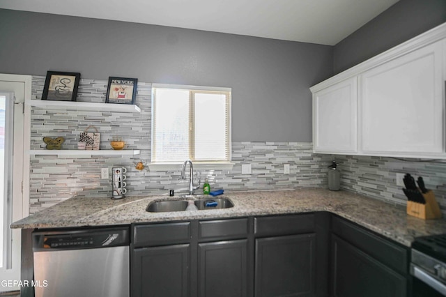 1009 Earthstar Pl, El Paso, TX 79928 - kitchen featuring light stone counters, a sink, tasteful backsplash, appliances with stainless steel finishes, and white cabinetry