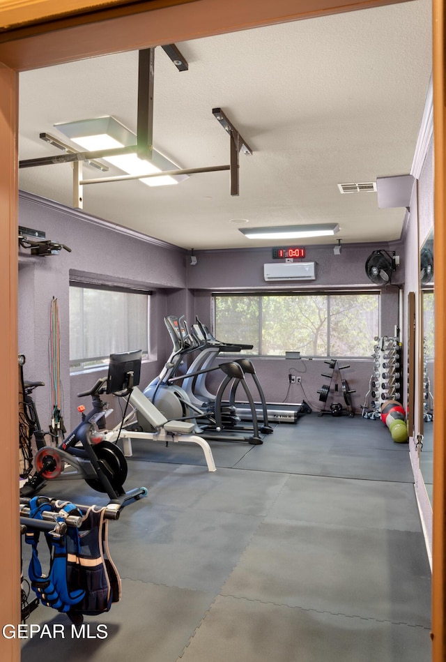 gym featuring a garage, an AC wall unit, visible vents, and a healthy amount of sunlight