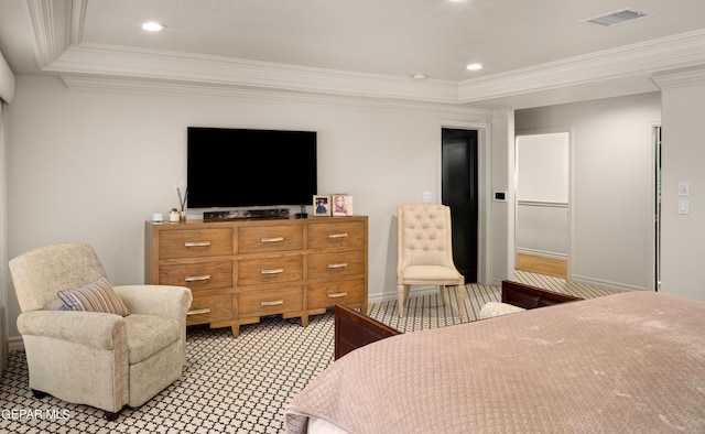 bedroom with recessed lighting, visible vents, and crown molding