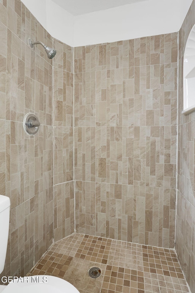 bathroom with a tile shower and toilet