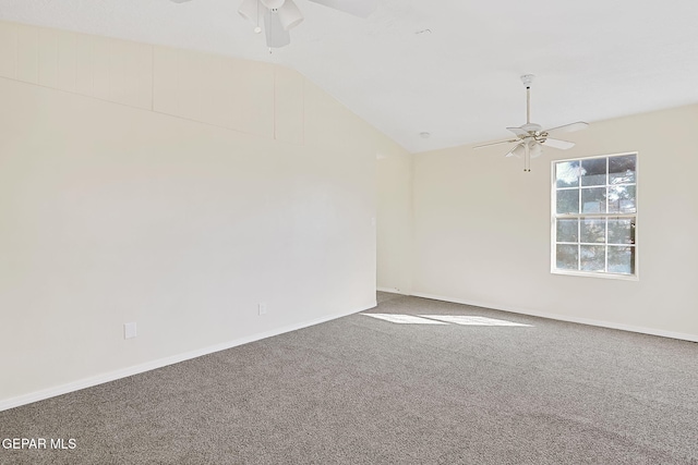 unfurnished room featuring vaulted ceiling, ceiling fan, and carpet flooring