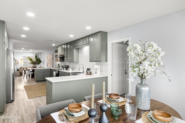 kitchen with sink, stainless steel appliances, tasteful backsplash, light hardwood / wood-style floors, and kitchen peninsula