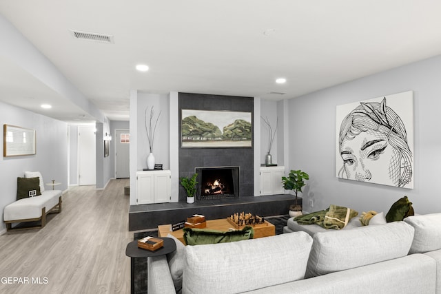 living room featuring a fireplace and light wood-type flooring