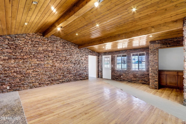 unfurnished living room with vaulted ceiling with beams, wood ceiling, and light wood-type flooring